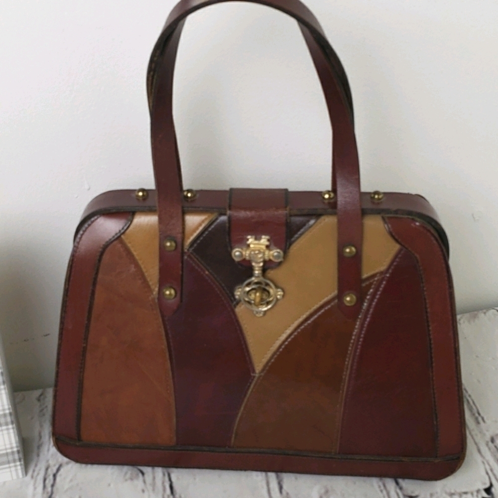 Vintage Leather Patched Satchel Handbag Browns Mid Century
